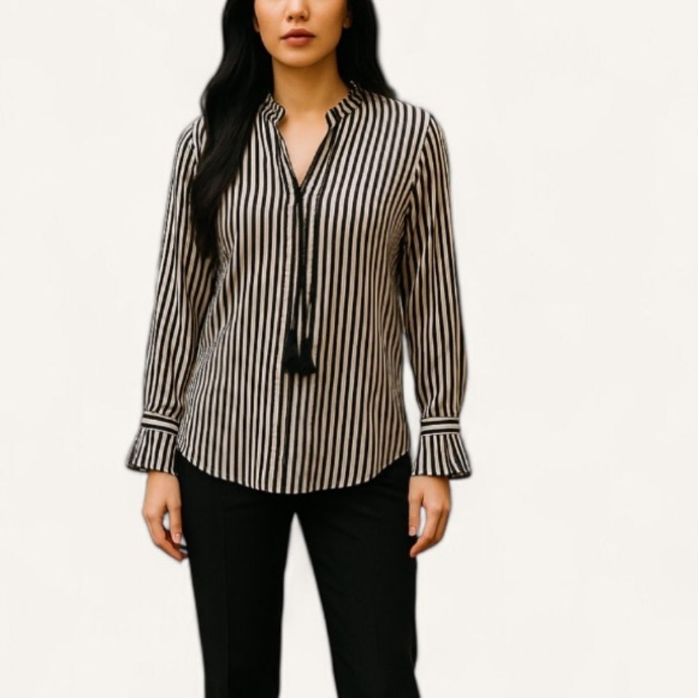 Ann Taylor‎ Petite Stripe Tassel Blouse PM Ruffle Cuff Black White Vertical